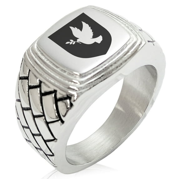 Stainless Steel Dove Peace Coat of Arms Shield Geometric Pattern Step-Down Biker Style Polished Ring