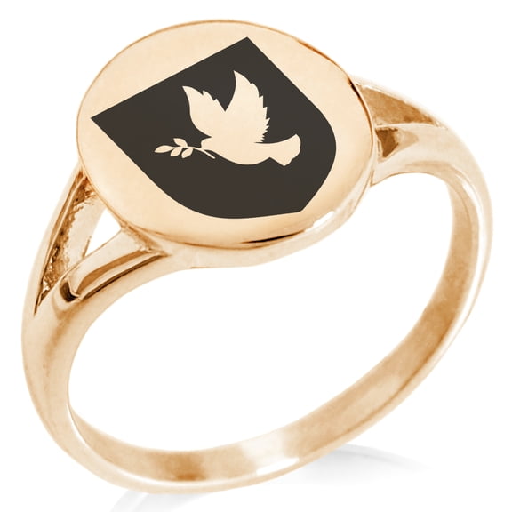 Stainless Steel Dove Peace Coat of Arms Shield Minimalist Oval Top Polished Statement Signet Ring