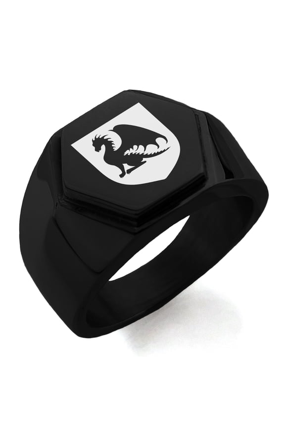Stainless Steel Dragon Guardian Coat of Arms Shield Engraved Hexagon Crest Flat Top Biker Style Polished Ring