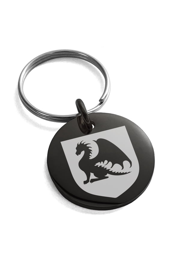 Stainless Steel Dragon Guardian Coat of Arms Shield Engraved Small Medallion Circle Charm Keychain Keyring