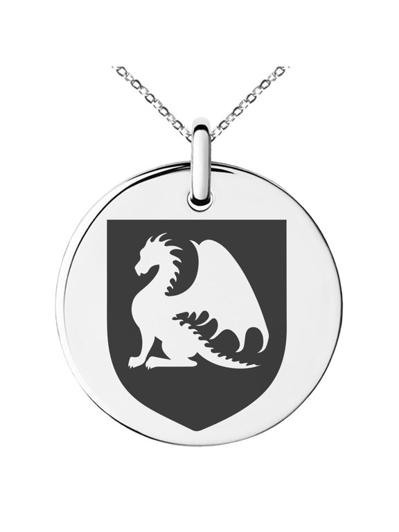 Stainless Steel Dragon Guardian Coat of Arms Shield Engraved Small Medallion Circle Charm Pendant Necklace