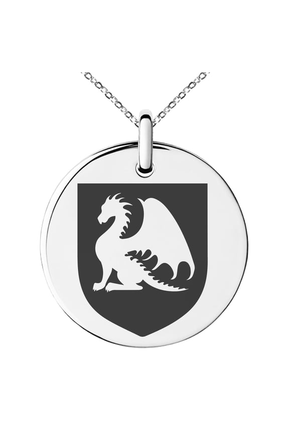 Stainless Steel Dragon Guardian Coat of Arms Shield Engraved Small Medallion Circle Charm Pendant Necklace