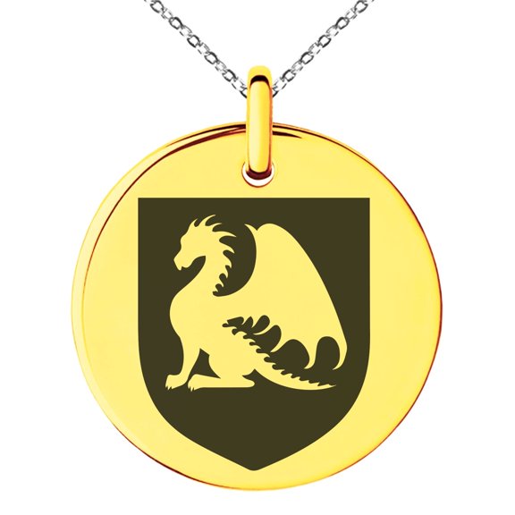 Stainless Steel Dragon Guardian Coat of Arms Shield Engraved Small Medallion Circle Charm Pendant Necklace