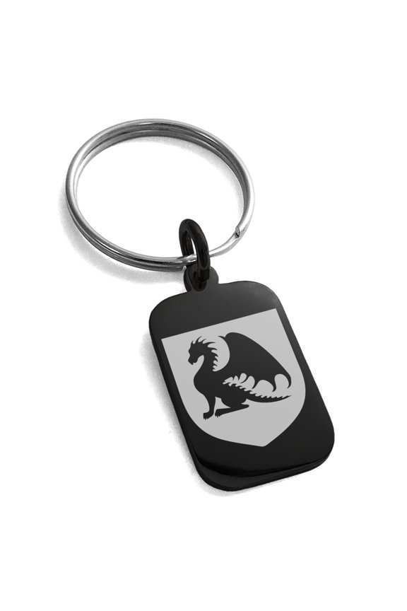 Stainless Steel Dragon Guardian Coat of Arms Shield Engraved Small Rectangle Dog Tag Charm Keychain Keyring