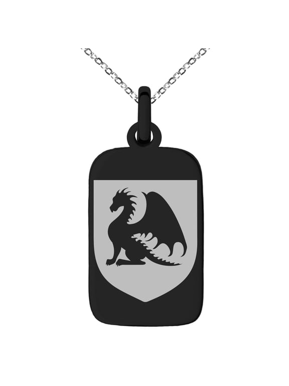 Stainless Steel Dragon Guardian Coat of Arms Shield Engraved Small Rectangle Dog Tag Charm Pendant Necklace
