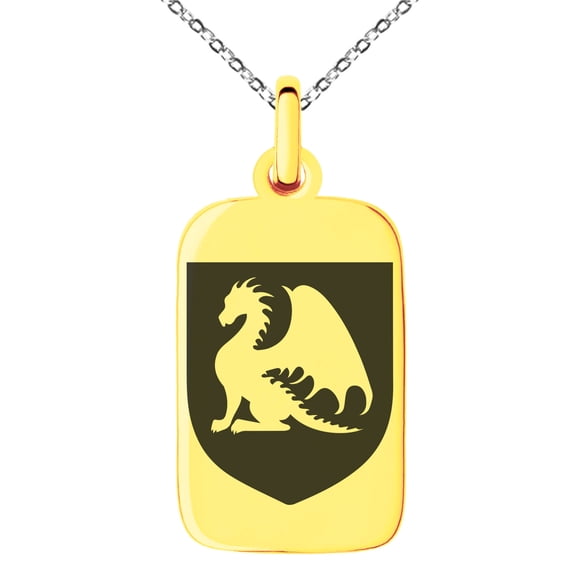 Stainless Steel Dragon Guardian Coat of Arms Shield Engraved Small Rectangle Dog Tag Charm Pendant Necklace