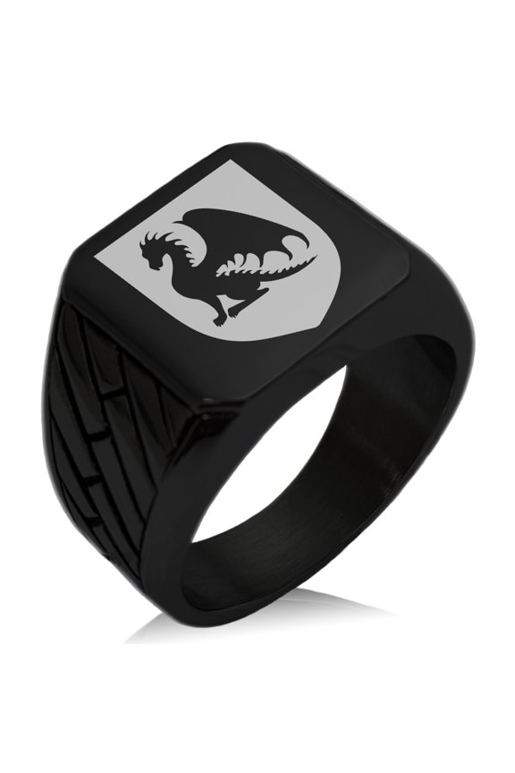 Stainless Steel Dragon Guardian Coat of Arms Shield Geometric Pattern Biker Style Polished Ring