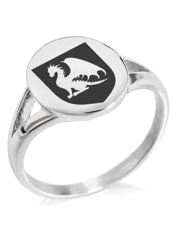 Stainless Steel Dragon Guardian Coat of Arms Shield Minimalist Oval Top Polished Statement Signet Ring