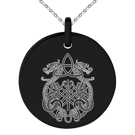 Stainless Steel Dragon Knot Skuld's Net Viking Rune Engraved Small Medallion Circle Charm Pendant Necklace