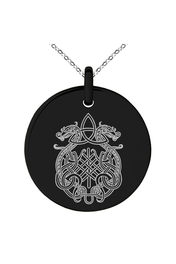 Stainless Steel Dragon Knot Skuld's Net Viking Rune Engraved Small Medallion Circle Charm Pendant Necklace