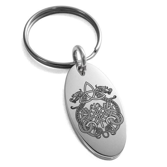 Stainless Steel Dragon Knot Skuld's Net Viking Rune Engraved Small Oval Charm Keychain Keyring
