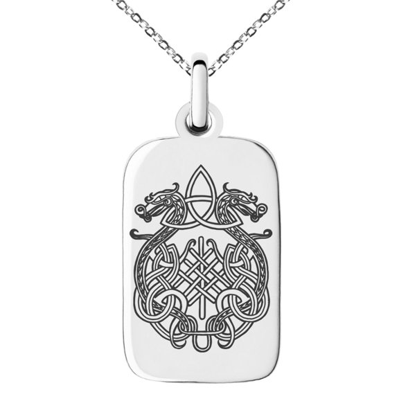 Stainless Steel Dragon Knot Skuld's Net Viking Rune Engraved Small Rectangle Dog Tag Charm Pendant Necklace