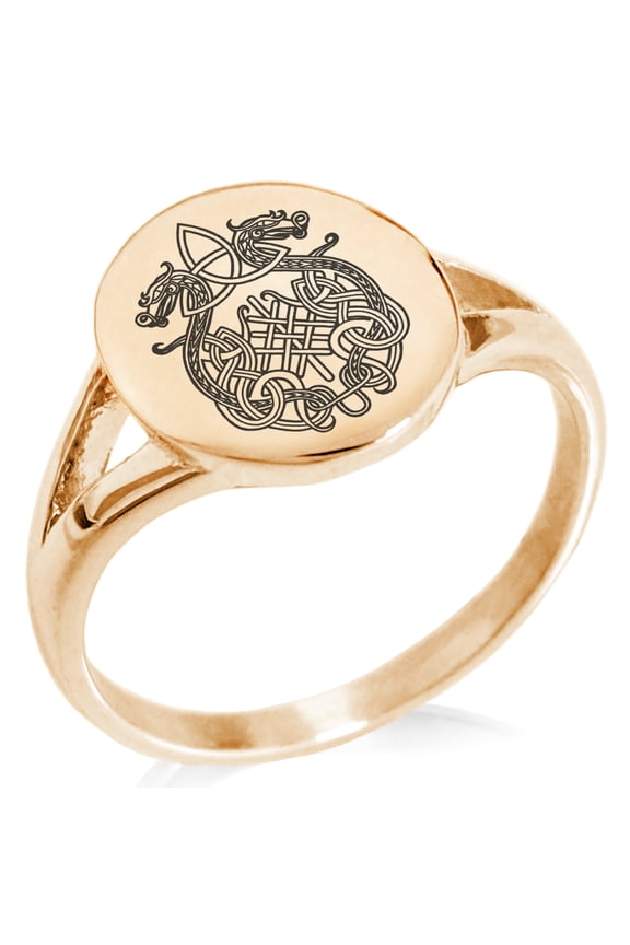 Stainless Steel Dragon Knot Skuld's Net Viking Rune Minimalist Oval Top Polished Statement Signet Ring