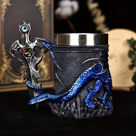 Stainless Steel Dragon Mug with 3D Sword Sculpture Fantasy Beer Coffee Cup for Mythical Art Lovers Medieval Drinkware Gift