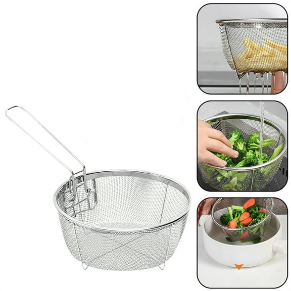 Stainless Steel Drain Basket with Folding Handles, Multifunctional Foldable Deep Fry Basket, Heavy Duty Round Wire Mesh French Chip Frying Serving Food Presentation Tableware, 1 Pcs, 9.06 Inches