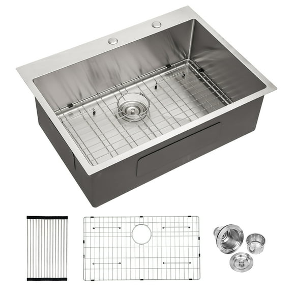 Stainless Steel Drop In Kitchen Sink 33x22x10 Inch Topmount Brushed Nickel Kitchen Sink with 2 Faucet Holes