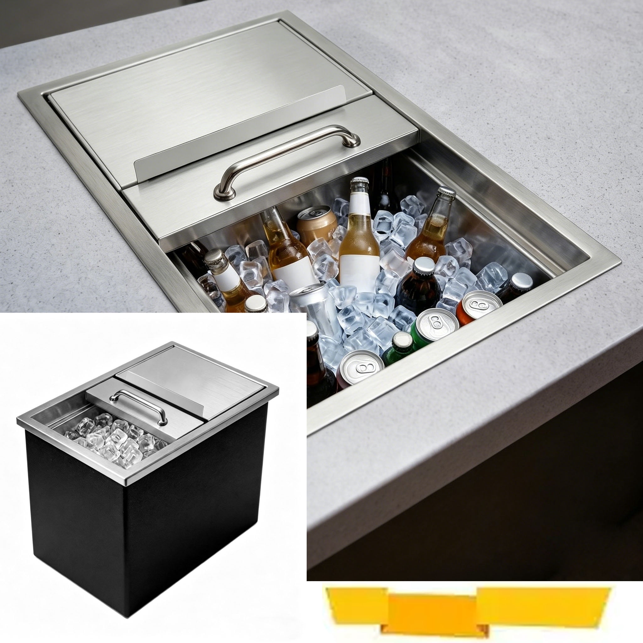Stainless Steel Drop in Ice Chest, Drop in Cooler with Lid, 18''L x 12''W x 14.6''H Outdoor Kitchen Ice Bar, Ice Cooler for Catering Events