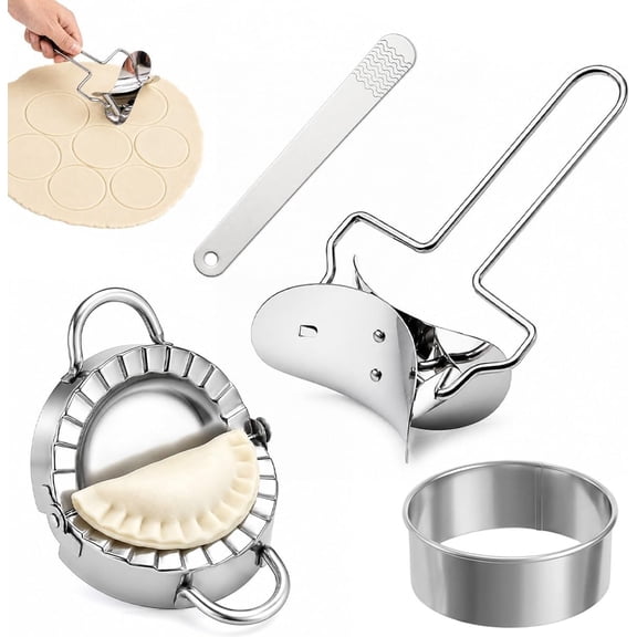 Stainless Steel Dumpling Maker & Dough Cutter Set, 4-Piece Wrapper Tool Kit,Includes Filling Spoon and Roller for Potstickers, Pierogi, Ravioli and Empanadas