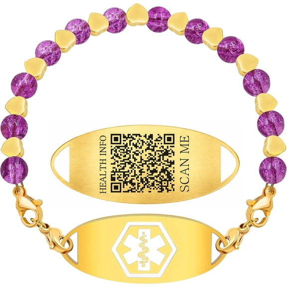 Stainless Steel Dynamic QR Code Medical Alert Bracelet for Women 18K Gold Plated Tarnish Resistant | No Custom Info Required | Scan to Update Emergency Medical ID