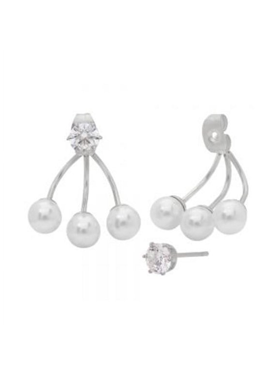 Stainless Steel Ear Jacket Earrings With Simulated Pearls and Diamonds