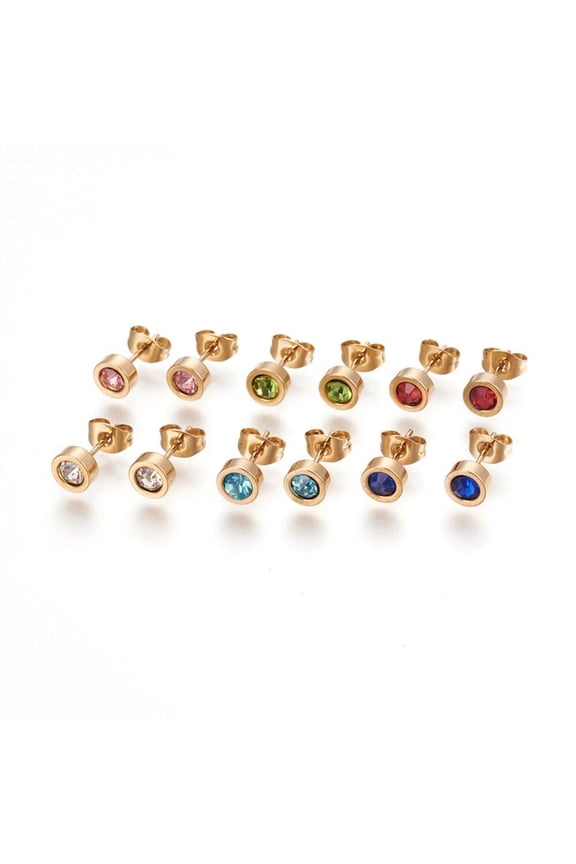 Stainless Steel Ear Studs Rhinestone Flat Round Mixed Color Gold 14Mm 6Pair Z389