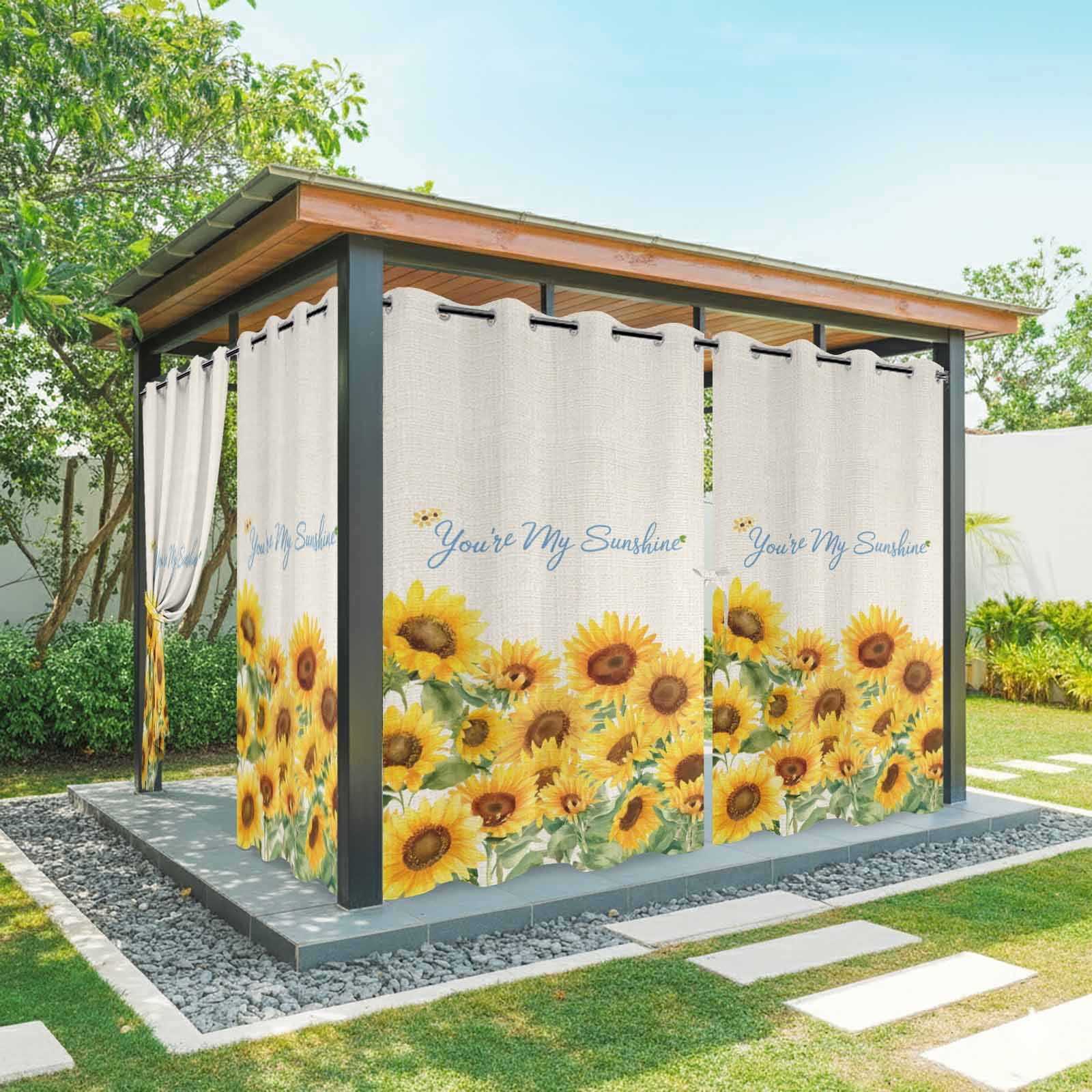 Summer Flowers Outdoor Curtains for Patio, Watercolor Sunflower Letter Print Green Leaf Waterproof Outside Curtains Privacy Blackout Curtain for Porch Pergola Cabana, 1 Panel 54W x 95L Inch