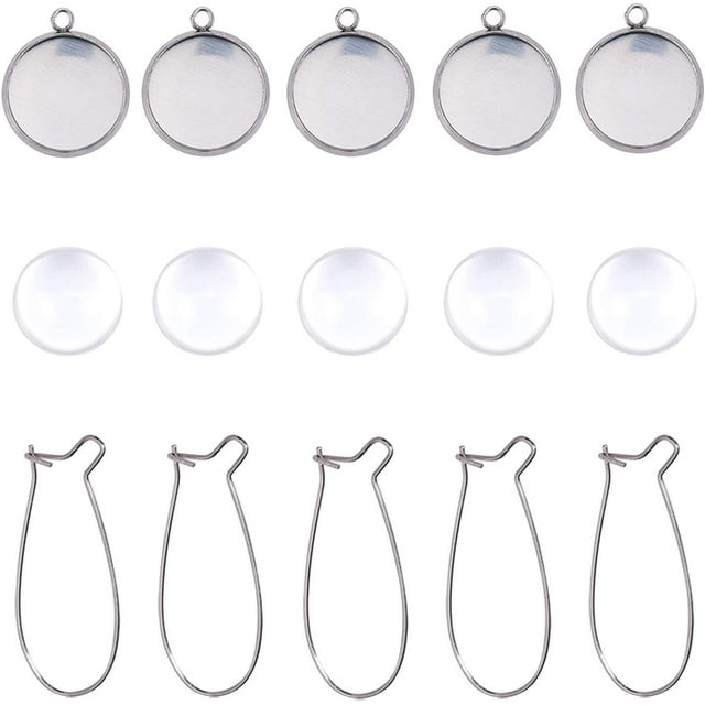 Stainless Steel Earring Hooks Settings, 80pcs Fish Hook Earrings, 80pcs Stainless Steel Pendants with 80pcs 12mm Transparent Glass Cabochons Cabochon for Earring Findings Making