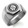 thumbnail image 1 of Stainless Steel Earth Element Rune Engraved Hexagon Crest Flat Top Biker Style Polished Ring, 1 of 1