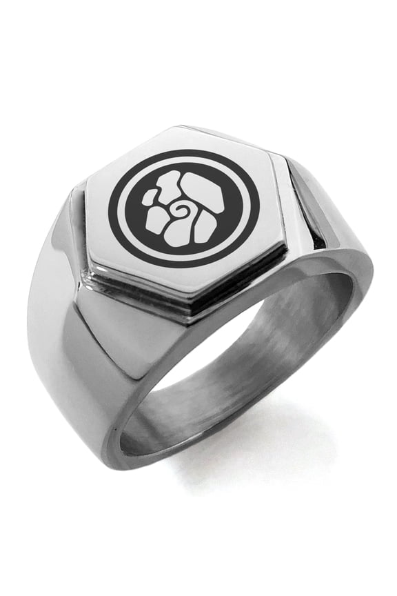 Stainless Steel Earth Element Rune Engraved Hexagon Crest Flat Top Biker Style Polished Ring