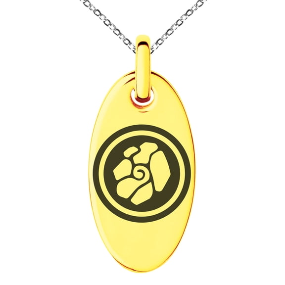 Stainless Steel Earth Element Rune Engraved Small Oval Charm Pendant Necklace