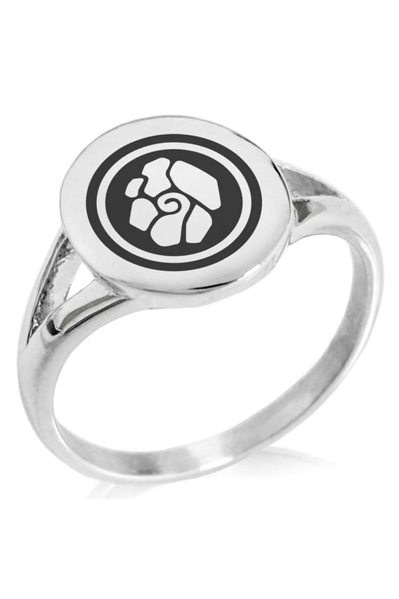 Stainless Steel Earth Element Rune Minimalist Oval Top Polished Statement Signet Ring