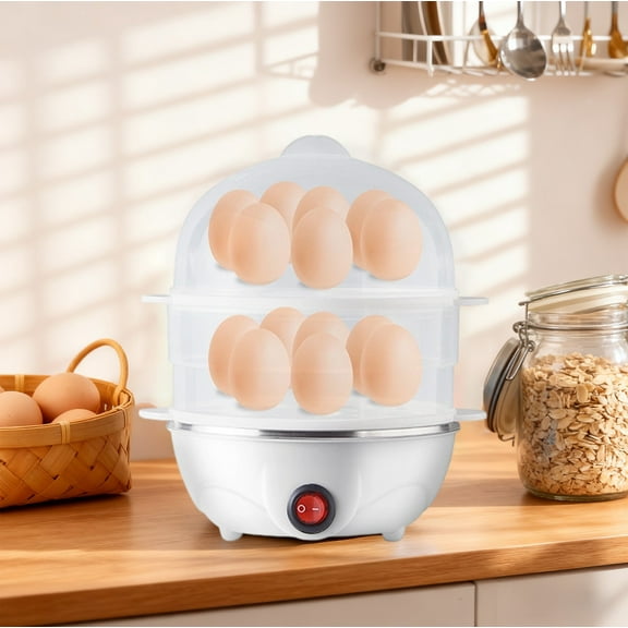 Stainless Steel Egg Cooker - Double Layer Electric Egg Boiler for Hard, Medium, Soft Boiled Eggs, Fast Breakfast Maker for Family & Meal Prep,White