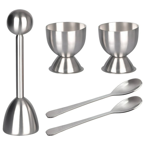 Stainless Steel Egg Cracking Tool Set, Includes 2 Egg Cups, 1 Egg Opener, 2 Stainless Steel Spoons, Creative and Easy Egg Opener for Soft and Hard Boiled Eggs