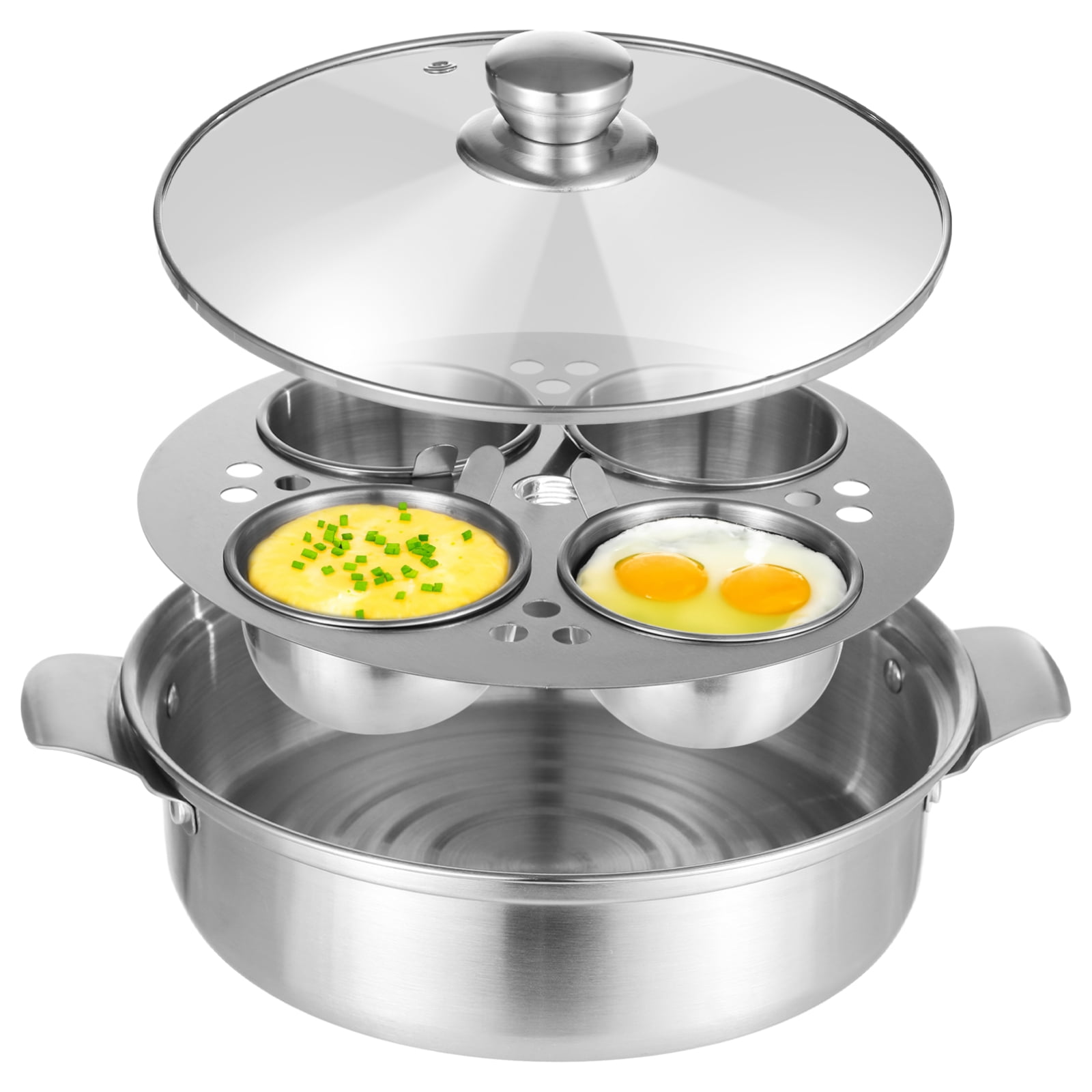 Stainless Steel Egg Poacher Pan, Steamer Pot with 4 Poached Egg Cups, Egg Cooker for Stove and Induction, Sturdy and Even Heating, Ideal for Soup and Boiled Egg, 9.4×2.6"