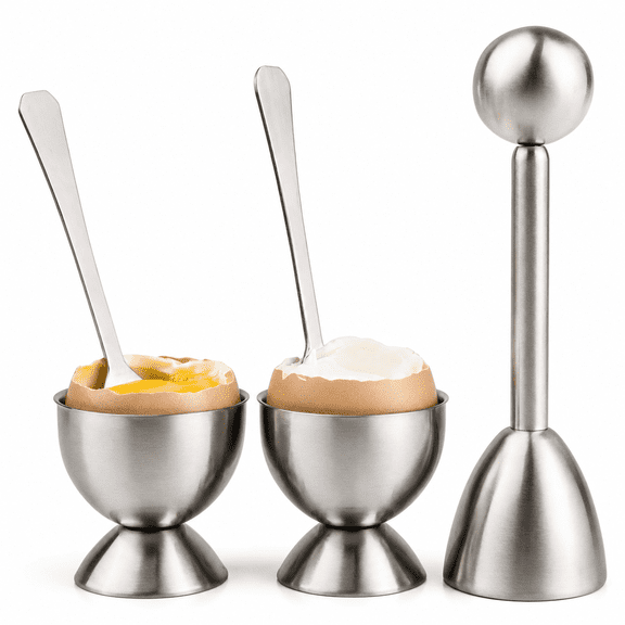Stainless Steel Egg Topper Set with 2 Cups and 2 Spoons for Boiled Eggs