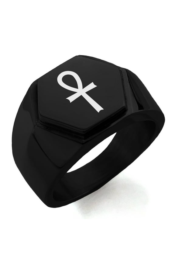 Stainless Steel Egyptian Ankh Cross Engraved Hexagon Crest Flat Top Biker Style Polished Ring
