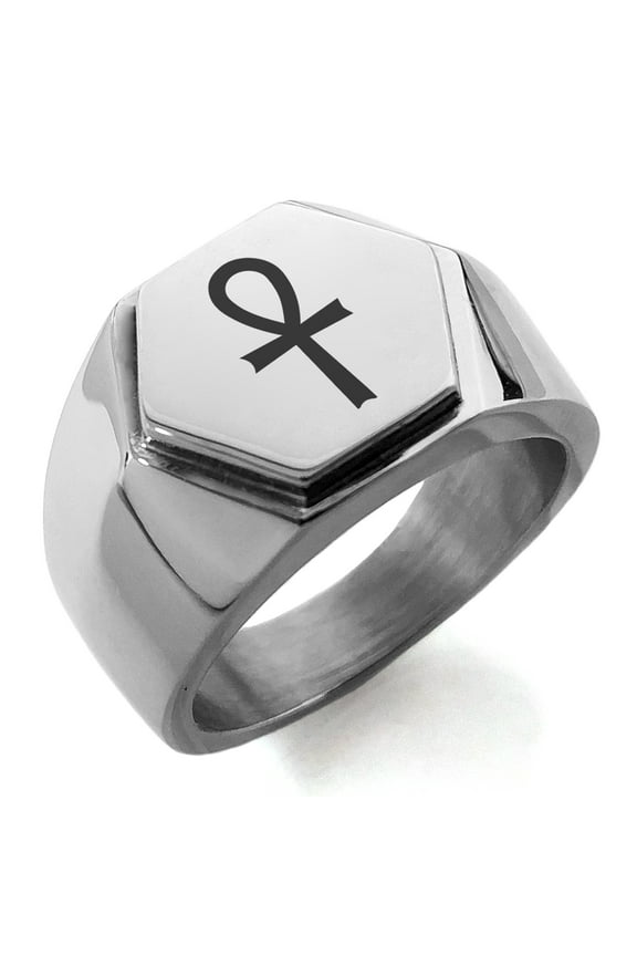 Stainless Steel Egyptian Ankh Cross Engraved Hexagon Crest Flat Top Biker Style Polished Ring
