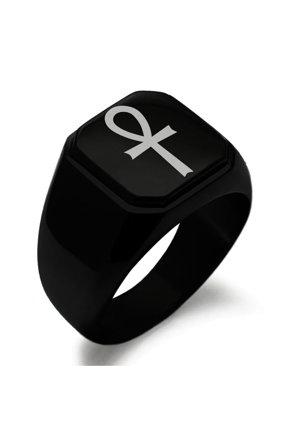 Stainless Steel Egyptian Ankh Cross Engraved Square Flat Top Biker Style Polished Signet Ring