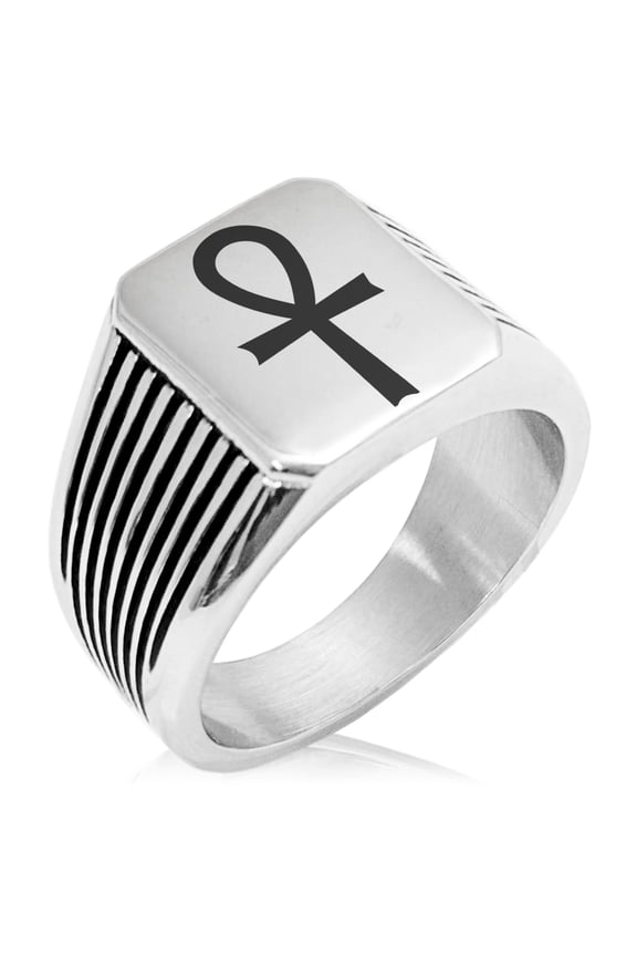 Stainless Steel Egyptian Ankh Cross Needle Stripe Pattern Biker Style Polished Ring