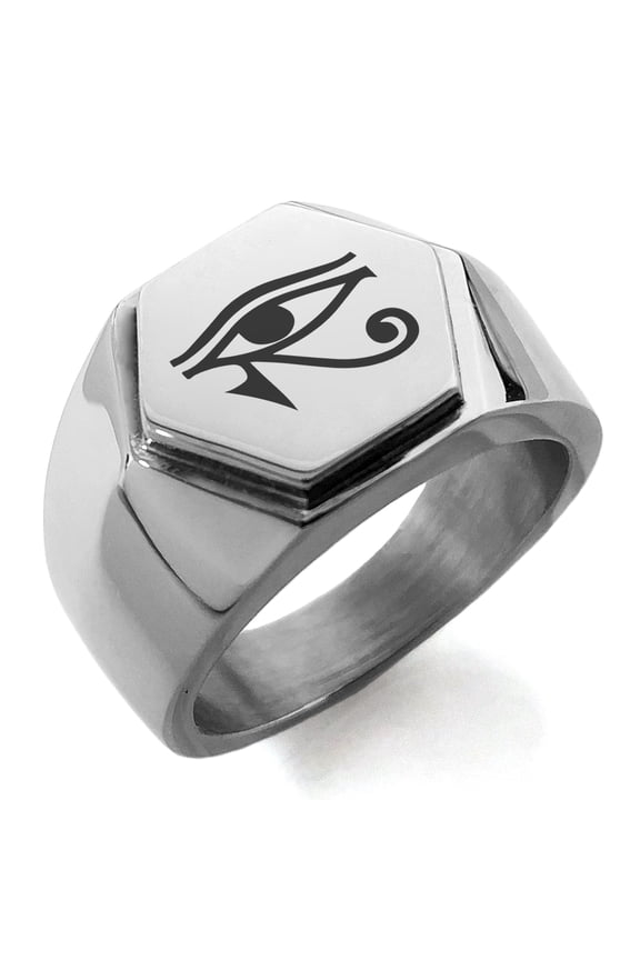Stainless Steel Egyptian Eye of Horus Engraved Hexagon Crest Flat Top Biker Style Polished Ring