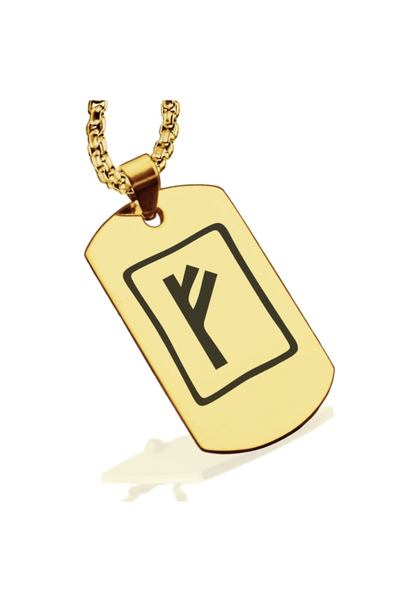 Stainless Steel Elder Futhark Fehu Rune Dog Tag Pendant Necklace