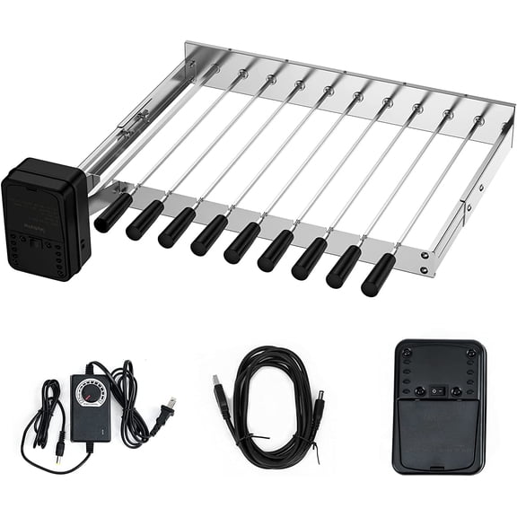 Stainless Steel Electric Barbecue Shish Kabob Skewer Set with 9pcs Skewers, Automatic Rotating Skewer Turner with Adjustable Speed Motor and Adjustable Length Rotisserie BBQ Grill Rack