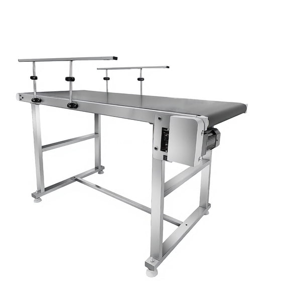 Stainless Steel Electric Belt Conveyor 54.5x 15.7, 2mm Thick PVC Conveyor Belt with Double Guardrail, Adjustable Speed Industrial Transport Machine for Inkjet Coding Applications