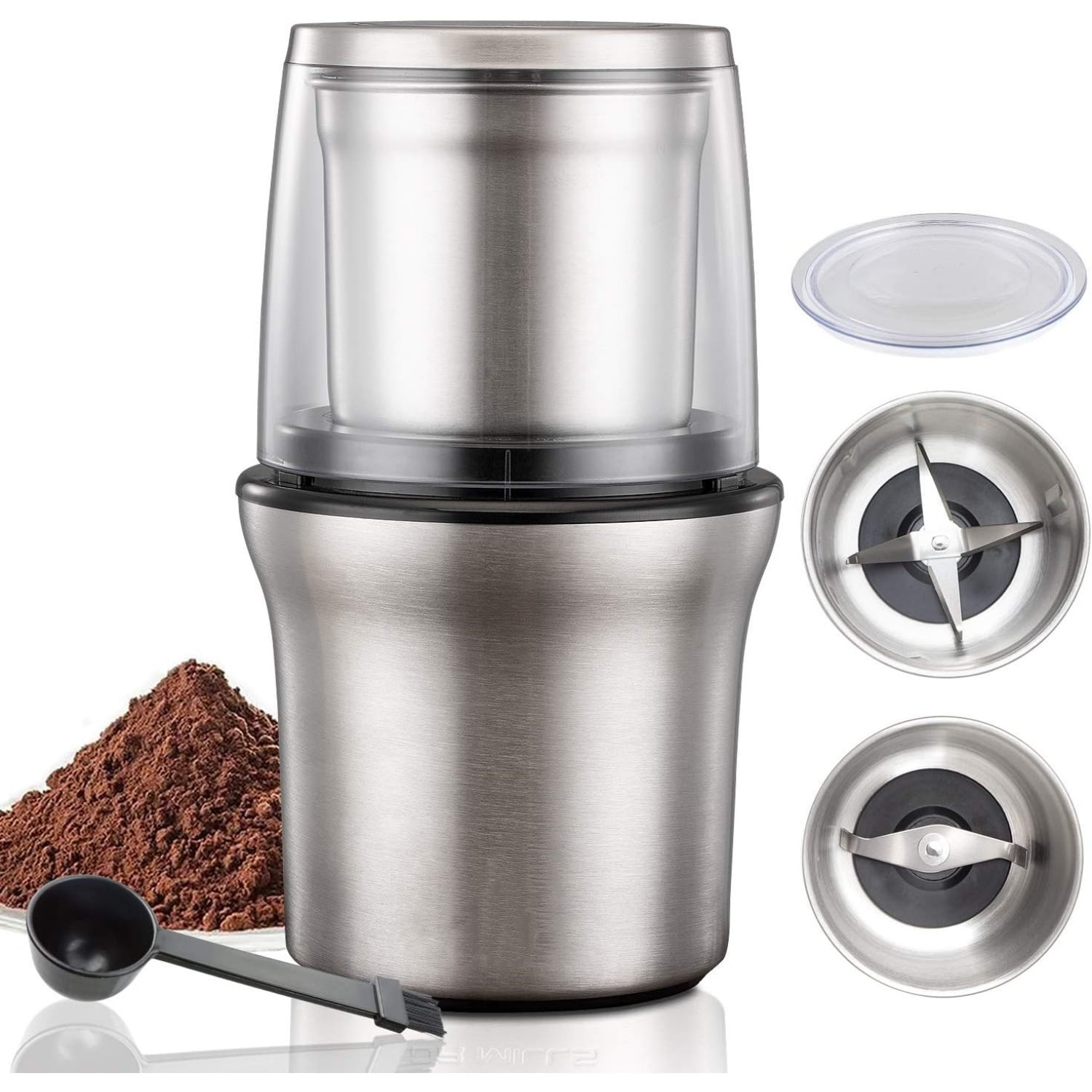 Stainless Steel Electric Dried Spice and Coffee Grinder,2 in 1 Wet and Dry, Removable Cups, Dishwasher Safe