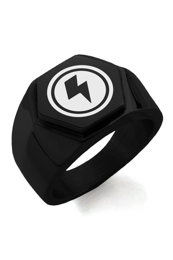 Stainless Steel Electric Element Rune Engraved Hexagon Crest Flat Top Biker Style Polished Ring