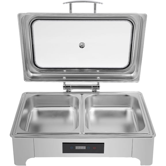 Stainless Steel Electric Food Warmer, 2.38 Gallons Commercial Chaffing Server, Chafing Dish Buffet with 95-194f Temperature Control, Two Trays and Clear Lid for Hotels, Cafeterias, Restaurants
