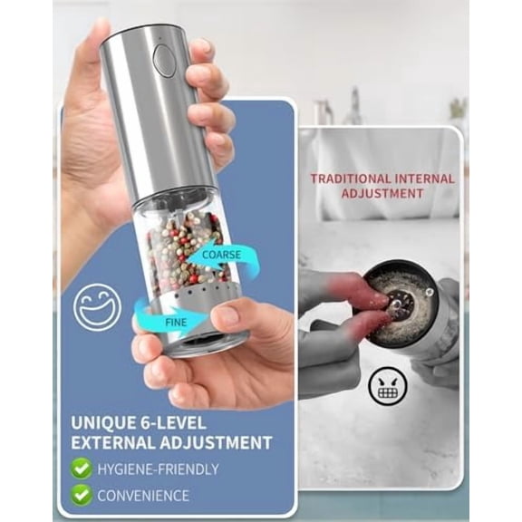 Stainless Steel Electric Pepper Grinder, Rechargeable Pepper Mills with LED Light, 6-Level External Adjustable Coarseness for Easy Use, Silver, 1 Pcs