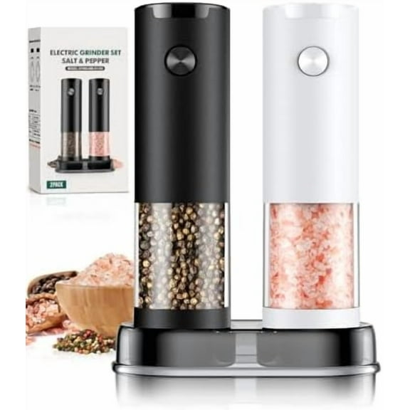 Stainless Steel Electric Salt and Pepper Grinder Set-One-Touch Battery Operated Mill with Adjustable Coarseness & LED Light, Sleek & Durable Grinder for Kitchen New Home Gift Ideas (2 Pack)