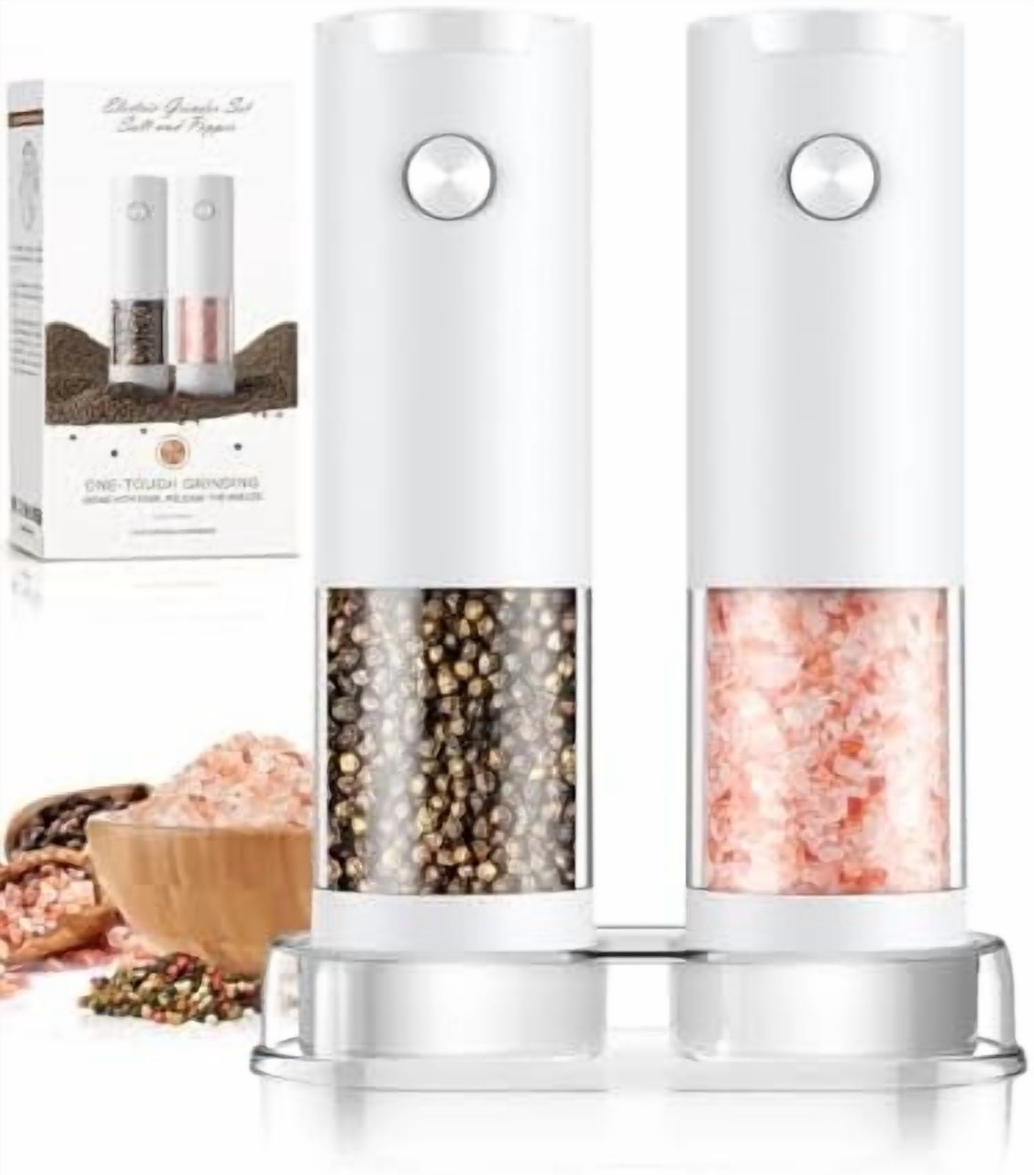 Stainless Steel Electric Salt and Pepper Grinder Set-One-Touch Battery Operated Mill with Adjustable Coarseness & LED Light, Sleek & Durable Grinder for Kitchen New Home Gift Ideas (2 Pack)