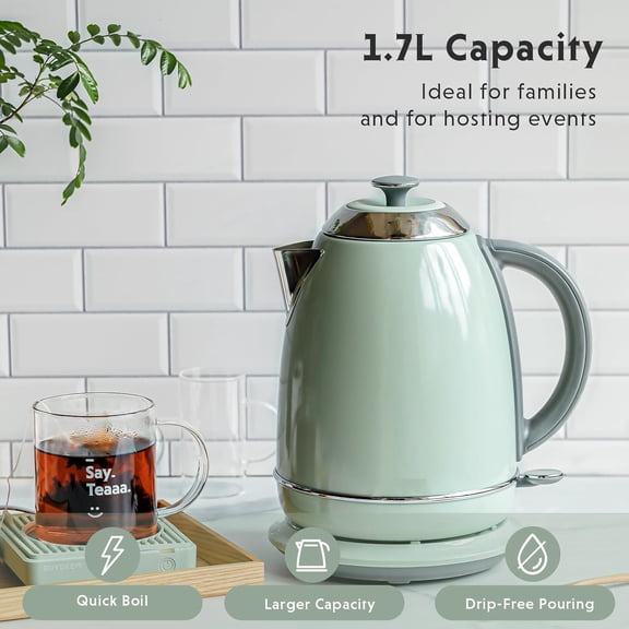 Stainless Steel Electric Tea Kettle with Auto Shut-Off and Boil Dry Protection, 1.7 Liter Cordless Hot Water Boiler with Swivel Base, 1440W, Cozy Greenish